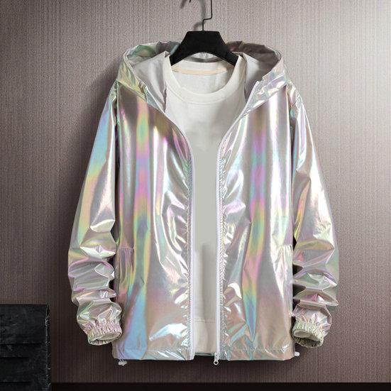 Spring Autumn Bright Colorful Sunscreen Jacket Men Hooded Long Sleeve Pockets Jacket Zipper Placket Men Coat Streetwear