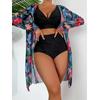 Kvinner tredelt bikinisett Høy midje shorts badedrakter Langermet utskrift Cover Ups Beach Biquinis feminino