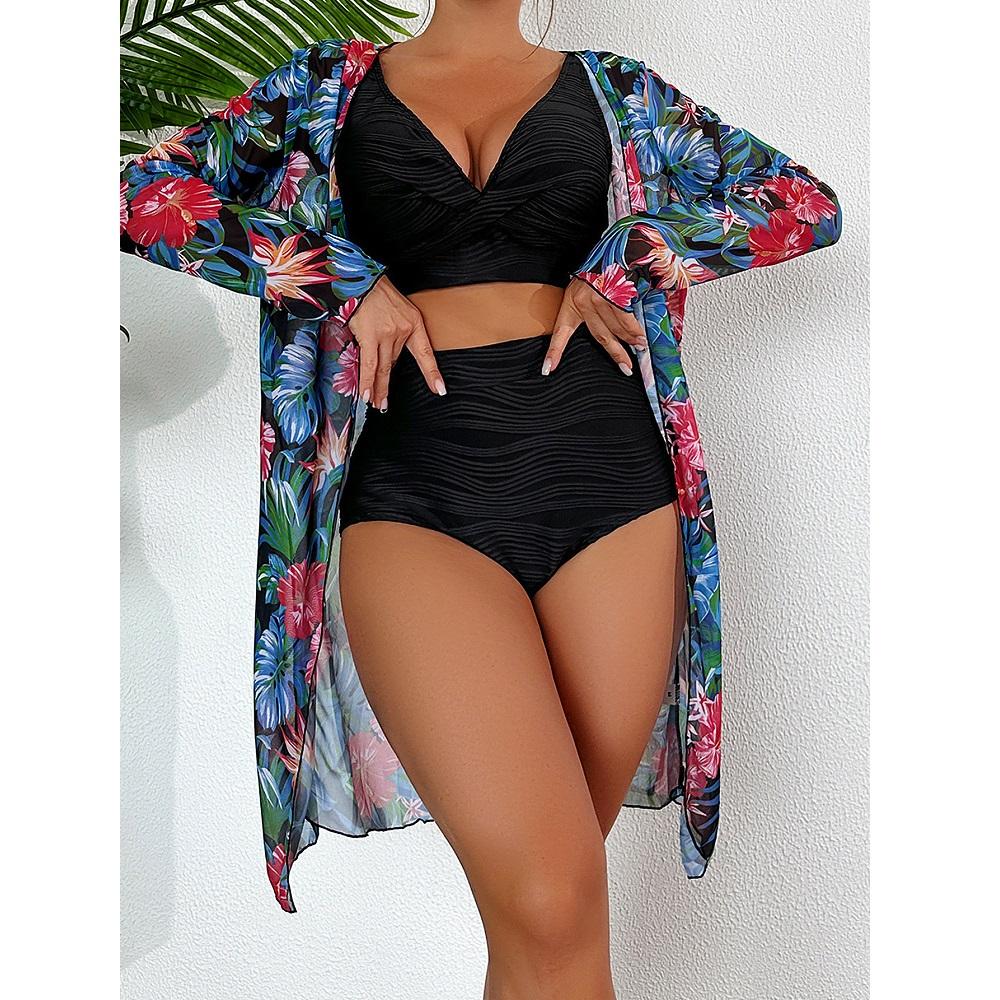 Kvinner tredelt bikinisett Høy midje shorts badedrakter Langermet utskrift Cover Ups Beach Biquinis feminino