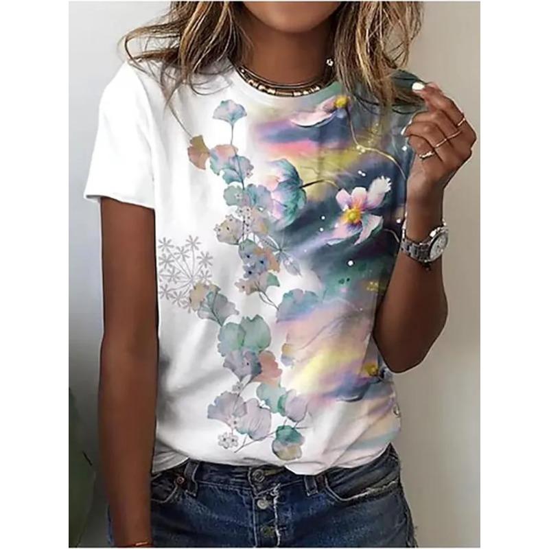 Summer Round Neck Women's T-shirt Fashionable 3D Flower Print Short Sleeved Casual Top Y Street Women's Clothing