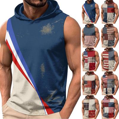 Men's Fashion Independence Day Printed Sleeveless Hooded Tops, Patriotic Casual Summer Hooded Tank Tops