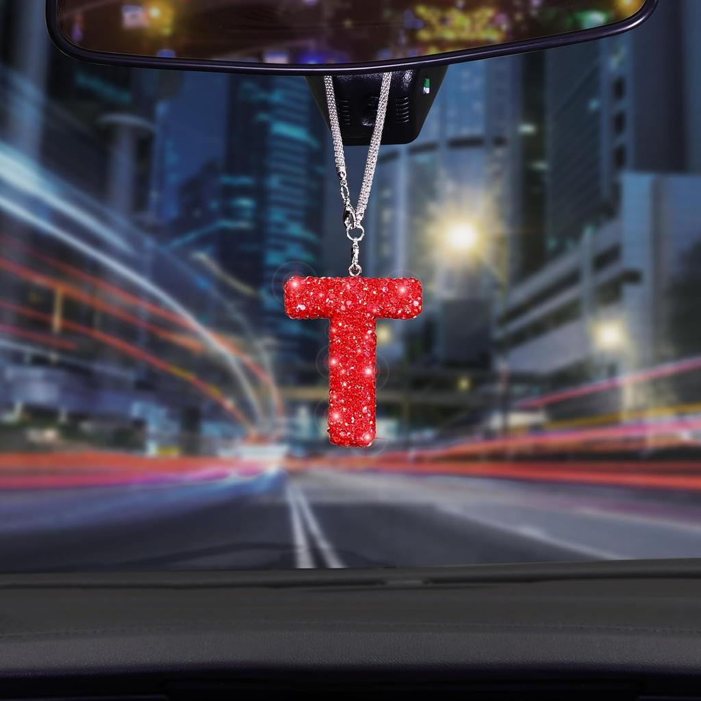 Bling Hanging Car Accessories, Diamond Crystal Rhinestone Mirror Hanging Letter A Pendant, Cute Lucky Red Bling Car Ornament for Women (Red,A)