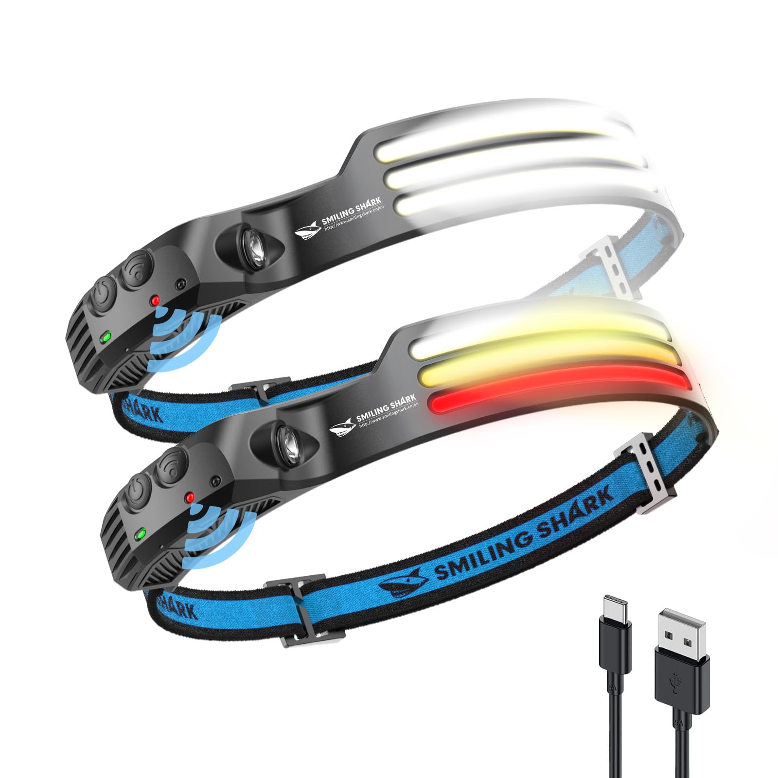

Smiling Shark Rechargeable LED Headlight, [2023 ClausePSE CertificationSet of 2 White, Yellow, Red Lights] USB Rechargeable 3x High Brightness