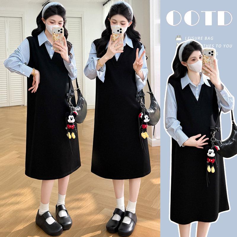 Spring 2026 Fashionable Maternity Patchwork Dress: Korean Style Lapel Two-Piece Skirt 2X Large чёрный