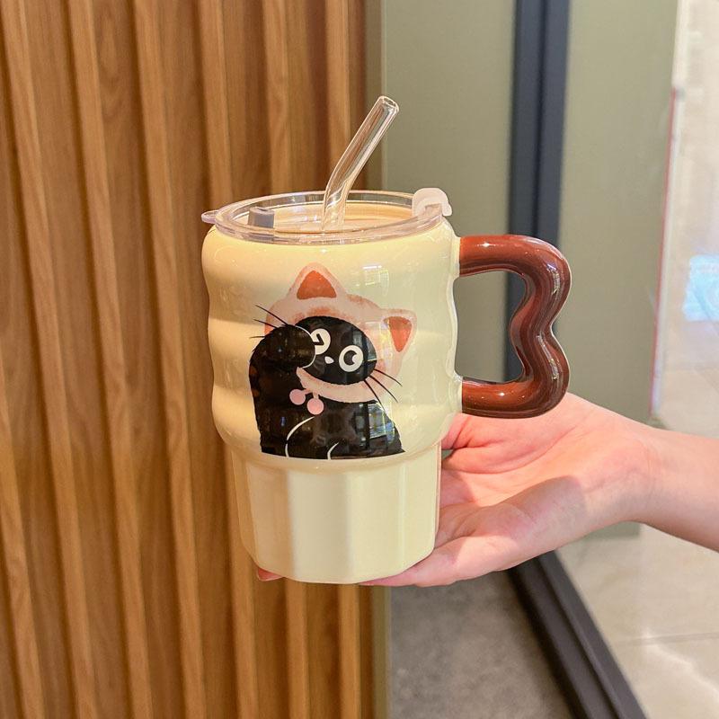 Retro kočičí brčko kelímek pro pár na pití keramický hrnek s víčkem dárek k narozeninám pro dívku suvenýr pro přítelkyni