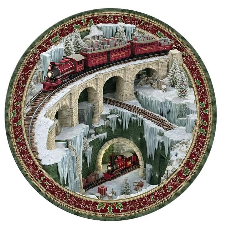 3D Vintage Steam Train Round Rug Rail Tracks Cliff Bridge Tunnel Firelight Forest Home Decor Carpet for Living Room Study
