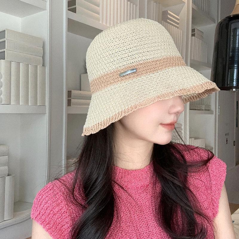 Korean-style Japanese straw fisherman hat for women with metal logo, makes the face look smaller, fully covers the face, breathable and