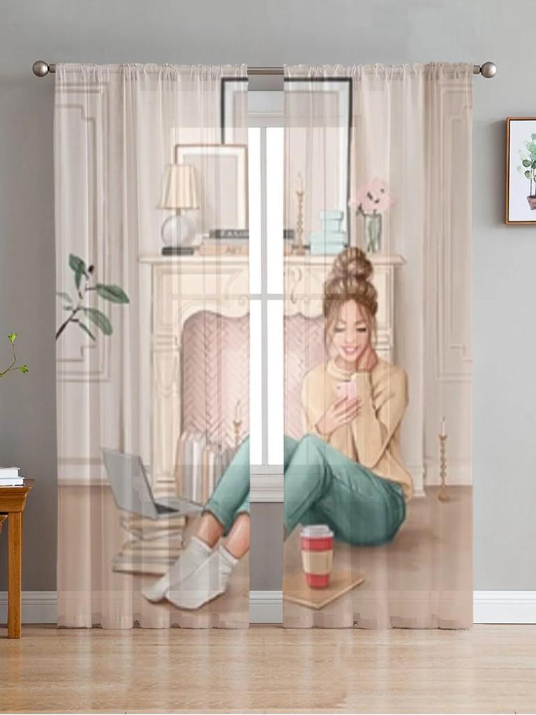 Krásná žena průsvitné závěsy do obývacího pokoje Dětská ložnice Tylové závěsy Závěsy pro ošetření oken v kuchyni
