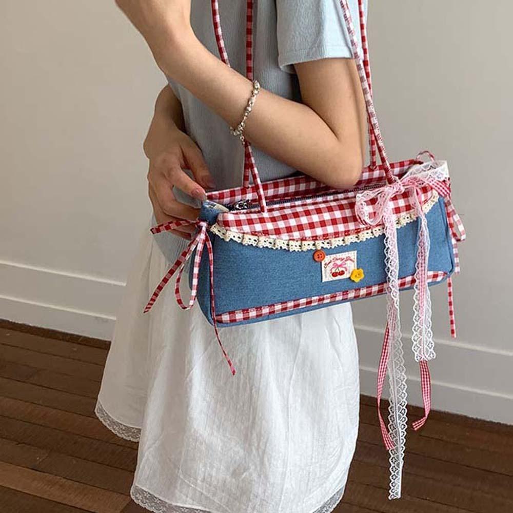 Denim Blue French Stick Handbag Sweet Cloth Underarm Bags All-match Plaid Shoulder Bag Women