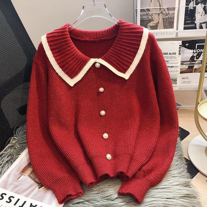 Early Autumn Doll Collar Knitted Cardigan Women's New Autumn Loose Temperament High-end Sweater Jacket
