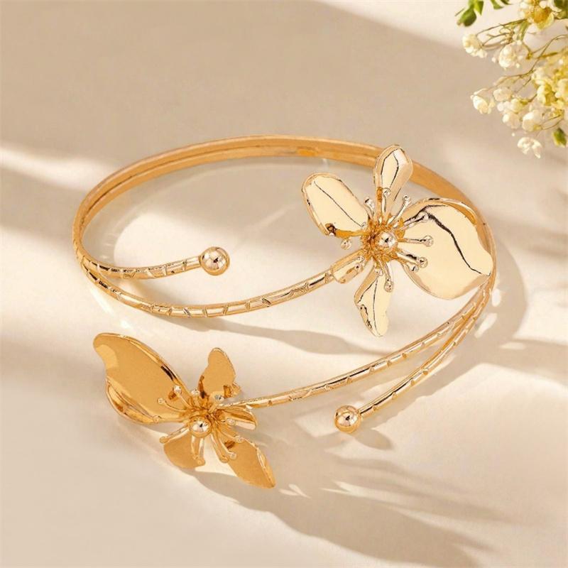 Elegant Sexy Floral Open Cuff Armlet for Women Bracelet Vintage Enamel Glaze Craft Flower Open Arm Ring Party Jewelry Gift