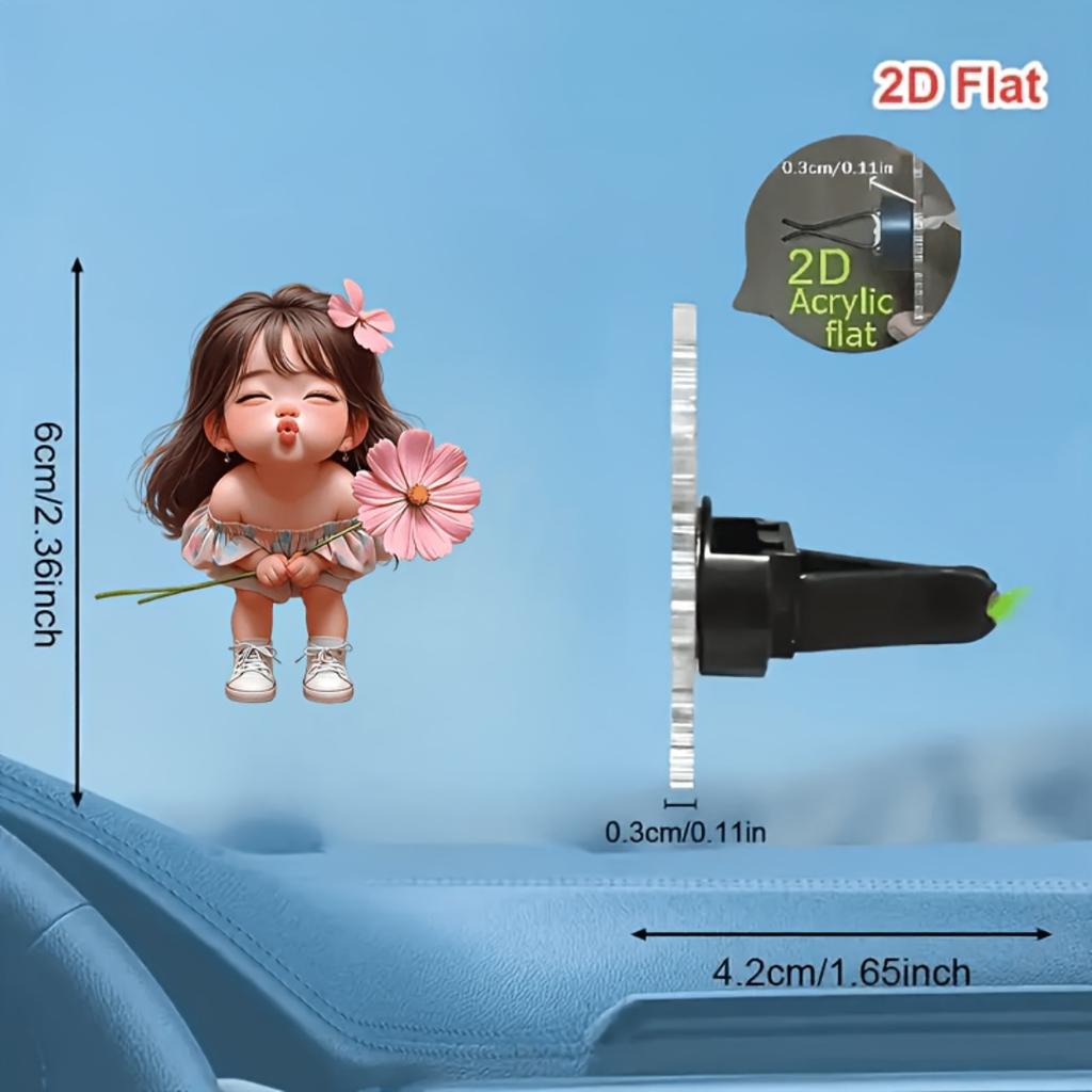 2D Platte Acryl Meisje met Roze Chrysant Geurloze Auto Ventilatierooster Diffuser Clip Met Dubbele Geurloze Sponsjes Auto Accessoire