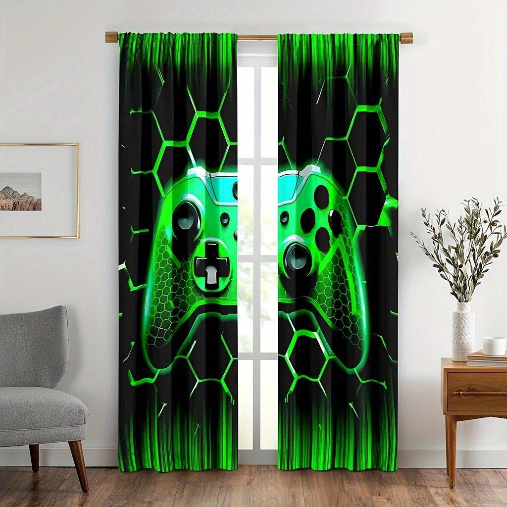 

Game Controller - 3D Game Controller Design, Black And Fluorescent Green Hexagonal Printed Curtains, Home Decoration 14Wx39L(35x100CM)x2
