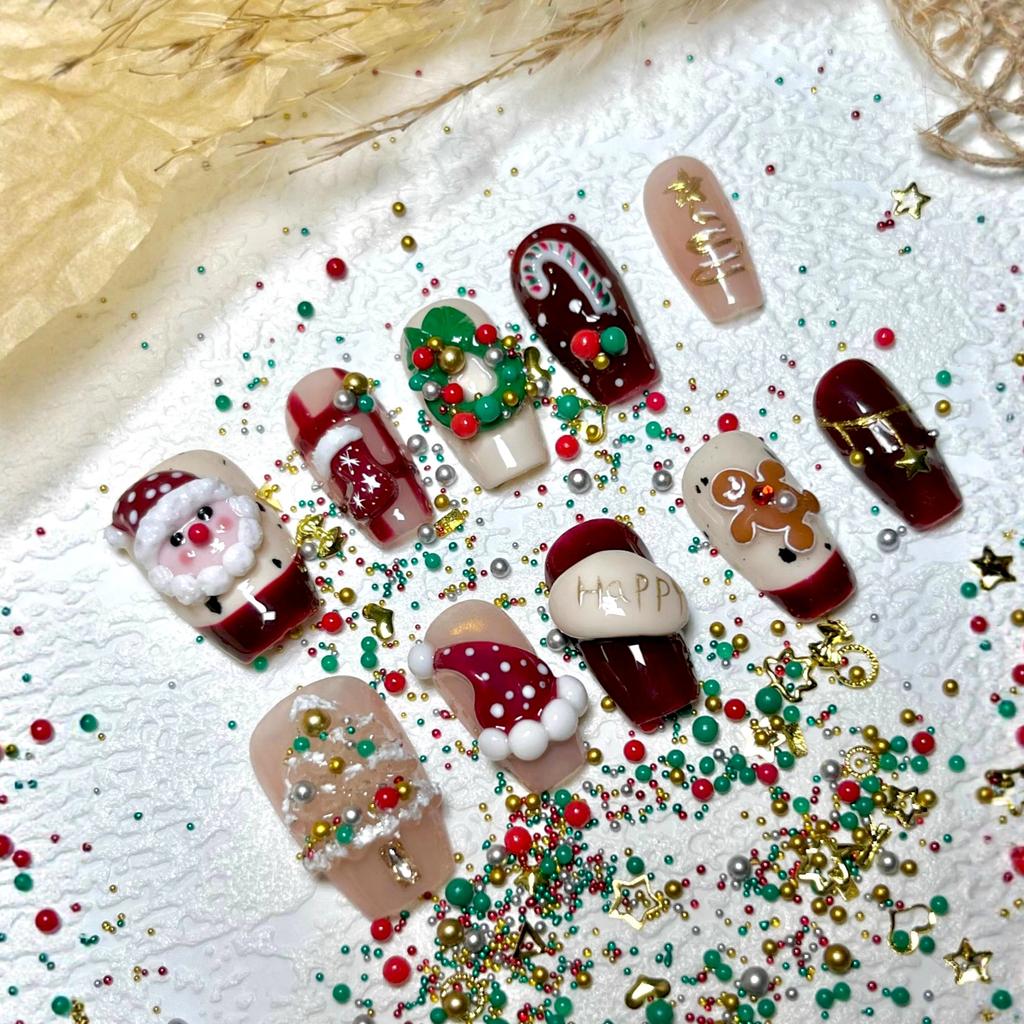 30 Pcs Cute Christmas Handmade Press On Nails Super Kawai Sweet Bow Bear Snowman Long Fake Nails Festival Nail Art Girl Gift