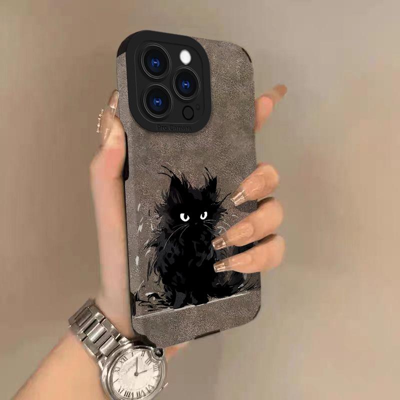 Μαύρη Γάτα Δερμάτινη Θήκη Κινητού για iPhone 17 Pro Max Air 16 15 14 13 12 11 Pro Max Plus X XS MAX XR Σκληρό Πίσω Κάλυμμα