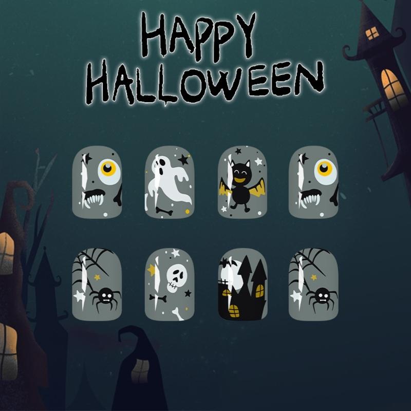 Halloween Press On Nail 24PCS Dark House Art With Glittering And Skeletons Easy Application For Parties