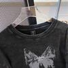 Women's Long Sleeve Crew Neck Tee Washed Distressed Butterfly Print Loose Cotton Top