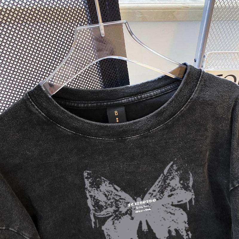 Women's Long Sleeve Crew Neck Tee Washed Distressed Butterfly Print Loose Cotton Top