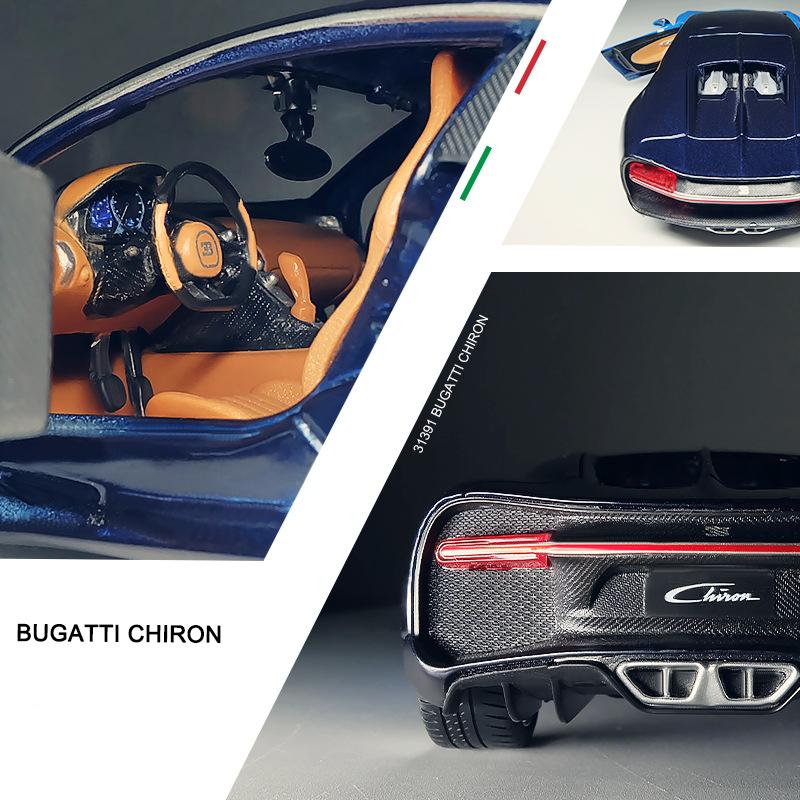 1:Model de mașină Bugatti Chiron la scară de 24 de jucării pentru jucării pentru băieți cu vârsta de 3-12 ani, vehicule cu tragere înapoi cu uși muzicale și capotă care pot fi deschise