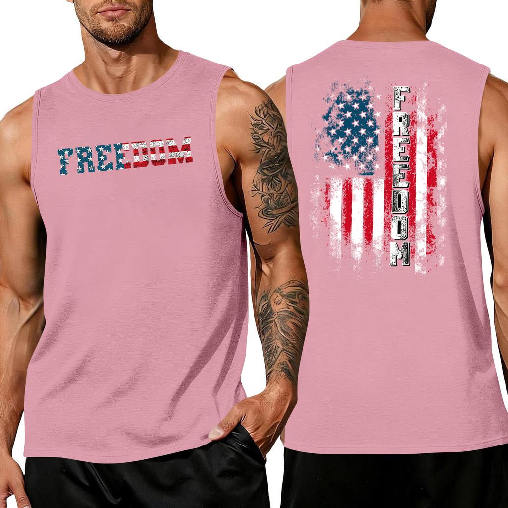 Men's Sleeveless Muscle Tank Top with Letter Print and Flag Pattern Casual Crew Neck Gym Shirt