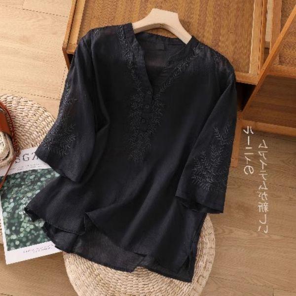 2025 Summer Women's V-Neck Cotton Linen Embroidered Loose Short Sleeve Plus Size Top