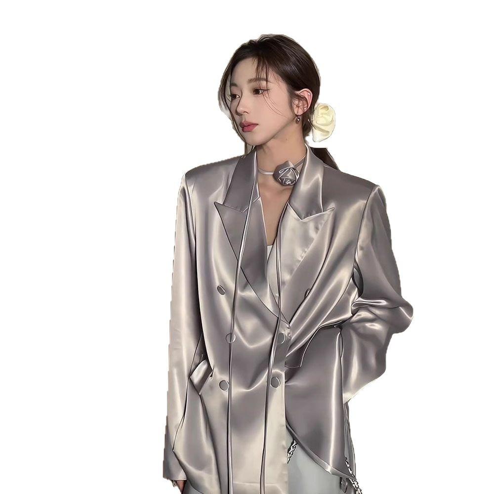 Niche Design Women's Satin Blazer - Double-Breasted, High-End Korean Fashion for Spring & Autumn 2025