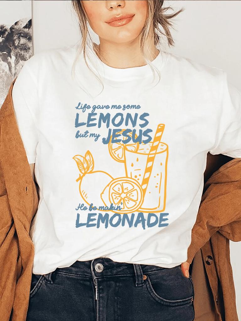 Womens ONeck Cotton T Shirts Lemonade Prints TShirts Jesus Short Sleeves Tops Life Gives Me Some Lemons Summer Casual Clothes