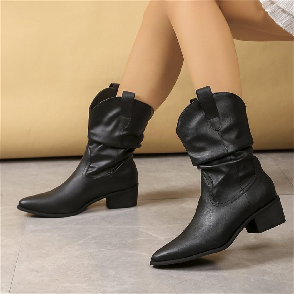 Big Size 43 Vintage Black Cowboy Boots Women Retro Leopard 5cm Heels Mid-calf Boots Shoes Winter Beige Cowgirls Western Boots