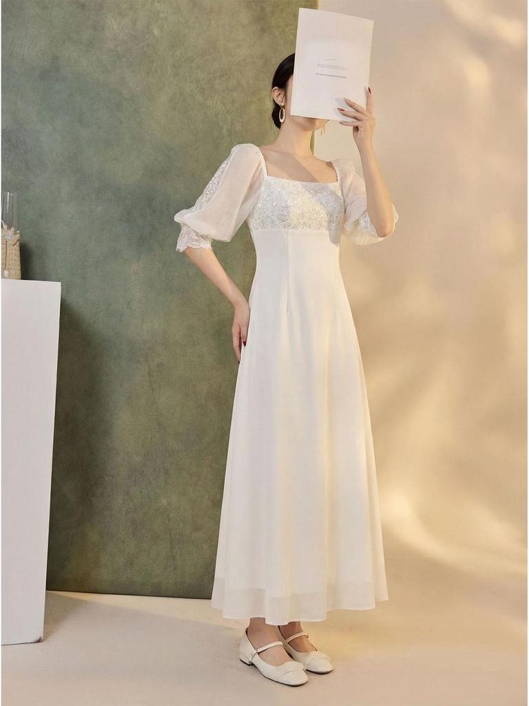 2026 Spring/Summer Luxury Chinese Style White Slimming Lace Dress for Women - P0109