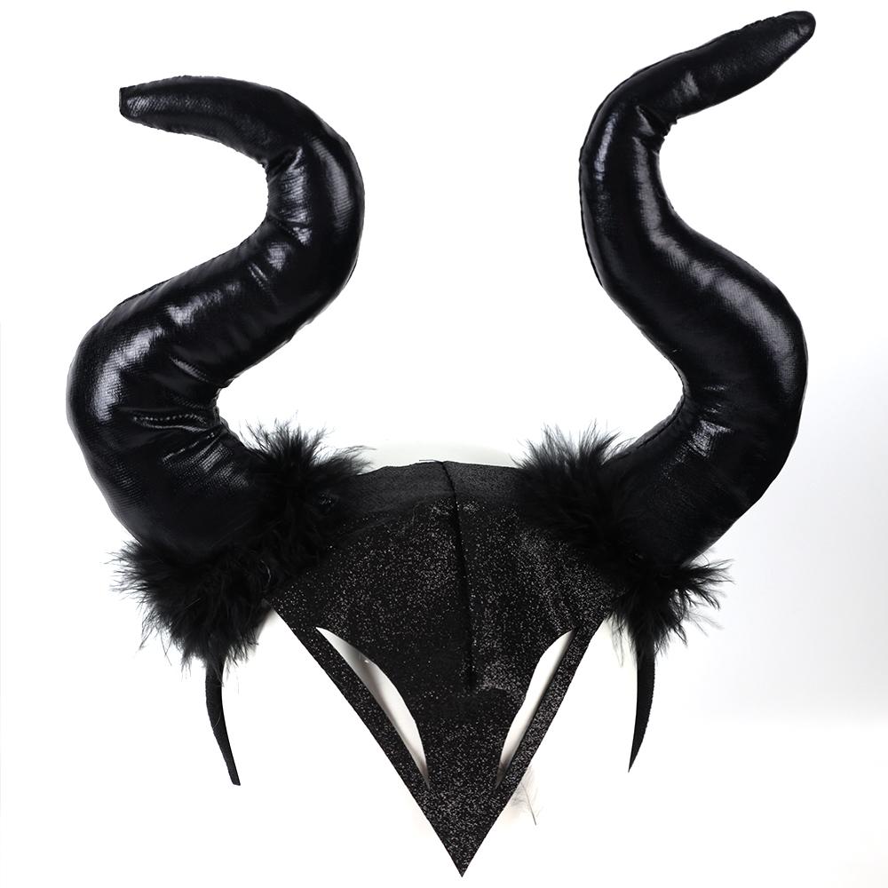 Women Halloween Long Demon Ox Horn Headband Evil Queen Glitter Hair Hoop Cosplay Costume Magic Witch Headpiece Accessory