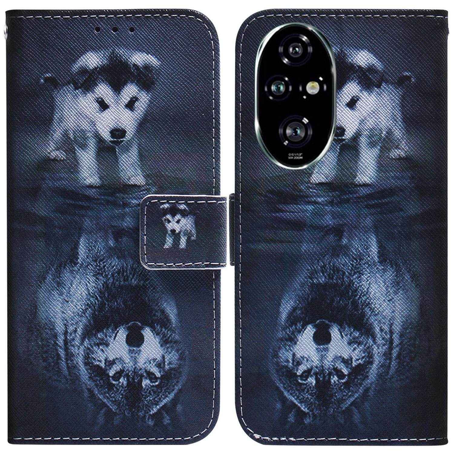 

Для Honor 200 Pro 5G Чехол-кошелек для телефона с принтом узора, противоударная откидная крышка из ПУ кожи Dog and Wolf