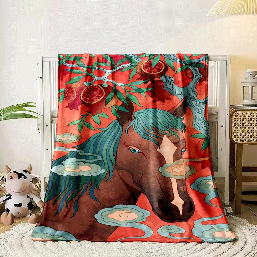 A horse with teal mane surrounded by pomegranates and floating clouds. for all seasons blanket lunch break throw gift 80cm x 120cm