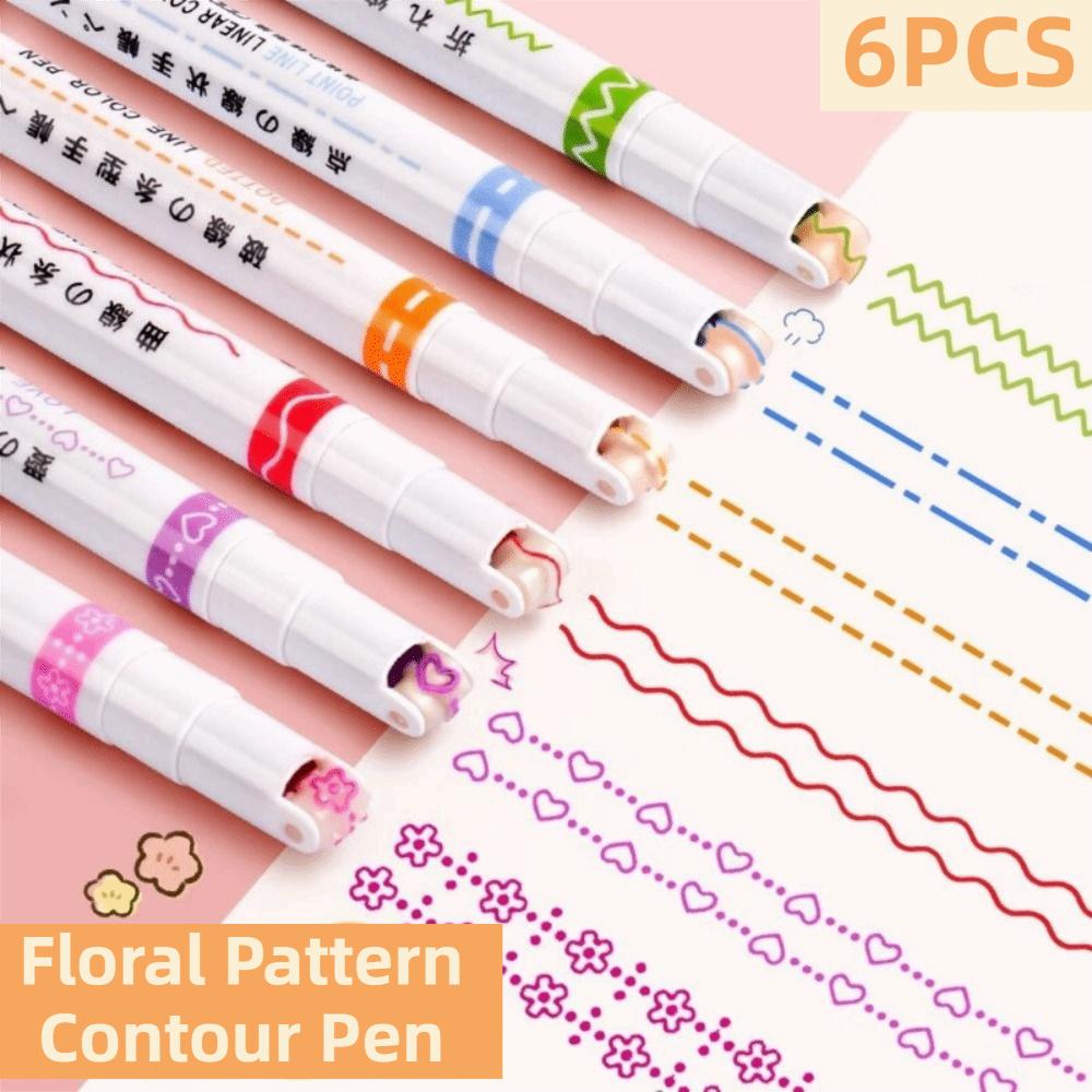 6Pcs/Set Flowers Line Shaped Colored Highlighter Pen Set Creative Line Shaped Marker Graffiti Pen