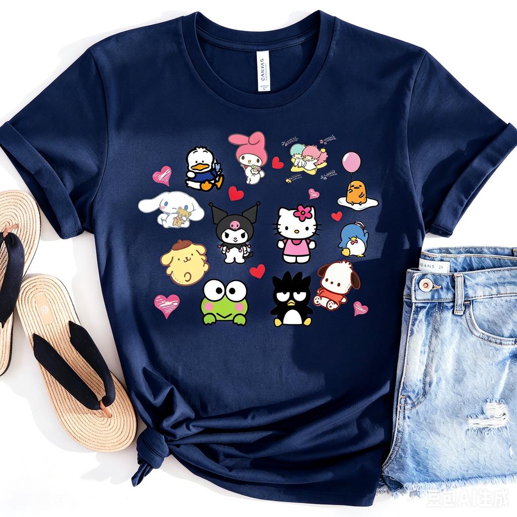 Kawaii Hello Kitty Kuromi Friends Love Print Oversized  Unisex Men Women Kids T-Shirt Cute Gifts Tee