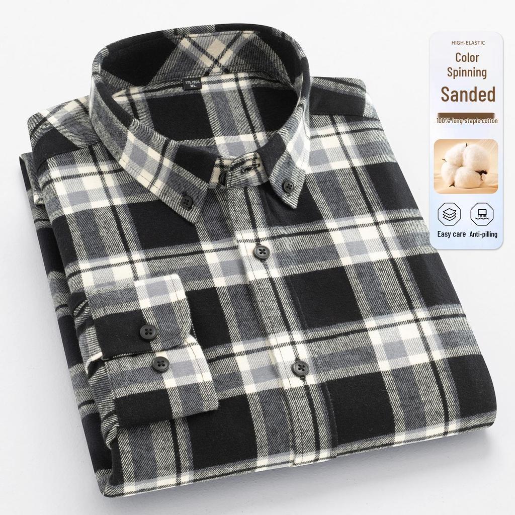 Brand Men's Pure Cotton Brushed Plaid Long Sleeve Shirt - High-End, Versatile, Casual, Thick Style for Youth