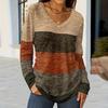 Women's Color Blocked Casual Fashion Long Sleeved V-neck T-shirt Top