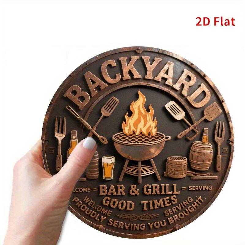 Hisun Tin Sign Retro Backyard Bar Sign Round Aluminum Wall Decor with Grill Scene for Terrace or Office