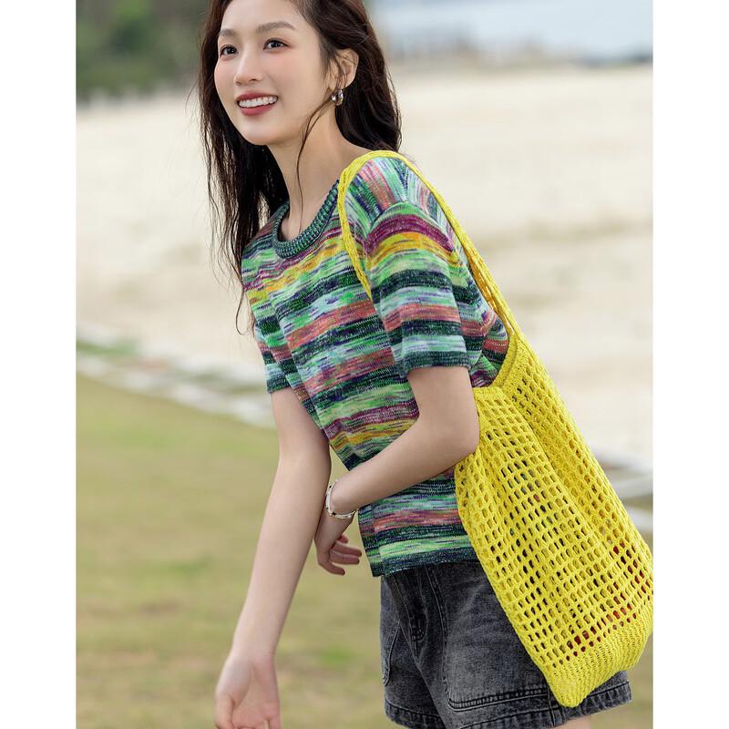Demana Women s Striped Short Sleeve Round Neck Knit Top S