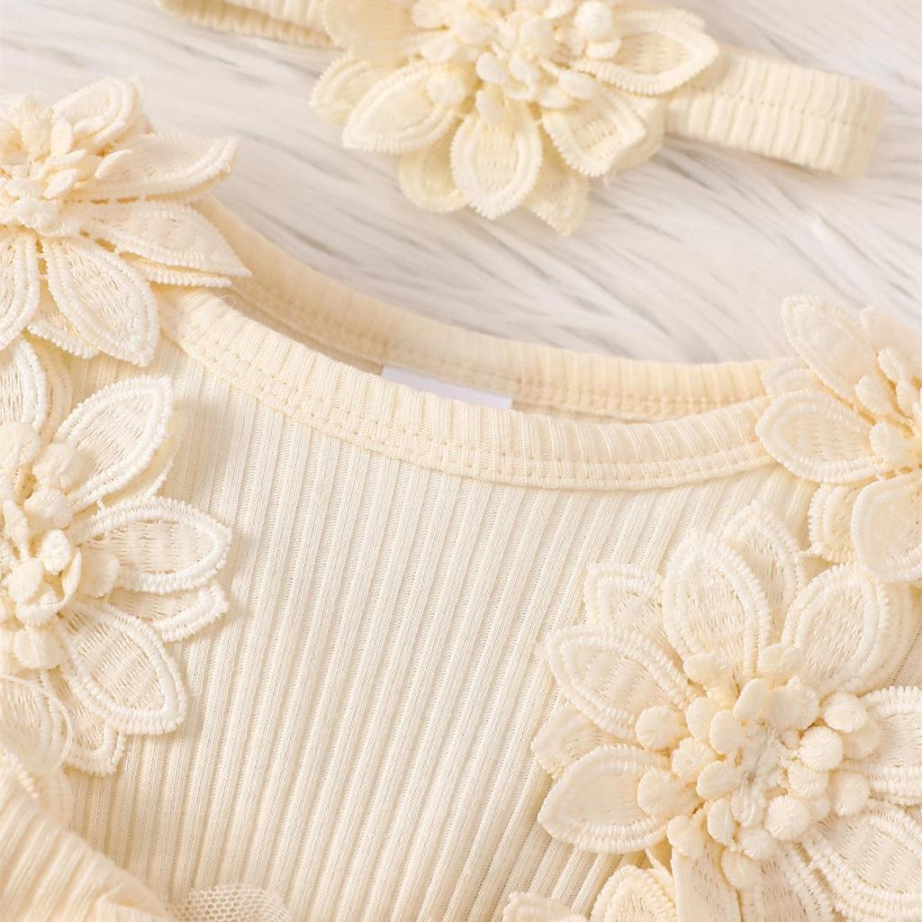 3D Flower Summer Baby Girls Romper Princess Mesh Newborn Clothes Lace Patchwork Ruffle Bodysuit Dress Headband Kids Clothing