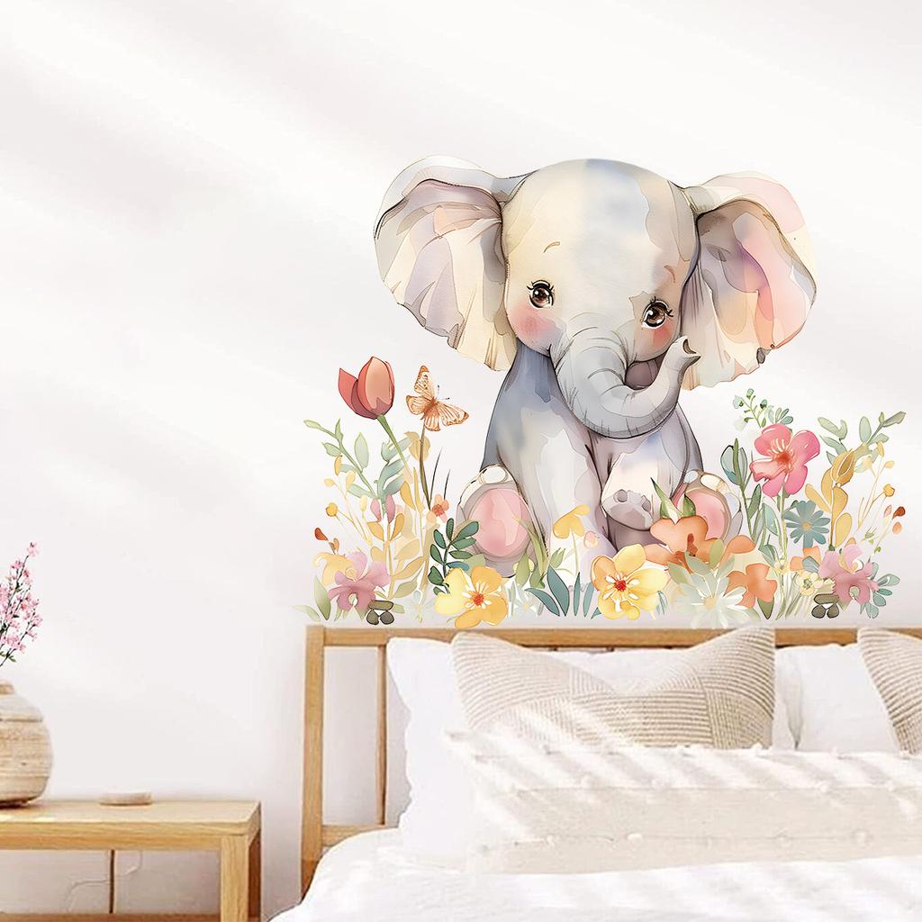 Cute Watercolor Baby Elephant with Flowers Wall Stickers, Ins Style Self-Adhesive Decor for Kids Room Wall Decoration