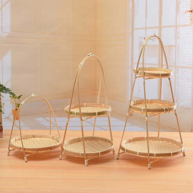 Handmade Round Handle Bamboo Basket - Tea, Fruit, Pastry Tray, Small Creative Multi-Layer Weaving