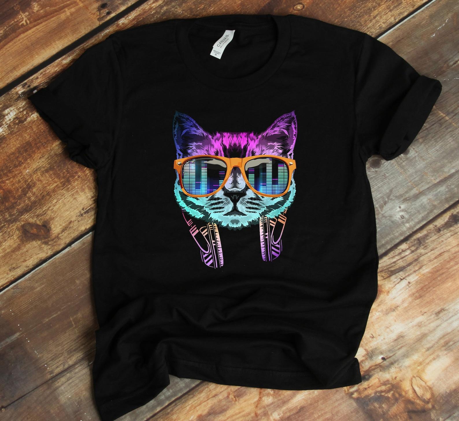 Rainbow DJ Cat T-Shirt - Party Cat - House Cat - Spectrum Music Cat - EDM 3XL