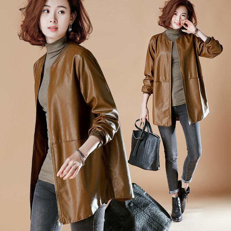 Übergröße 7XL Damen Frühlings-Mittellange Lederjacke Koreanische Lockere Baseballuniform PU-Lederjacke Windbreaker