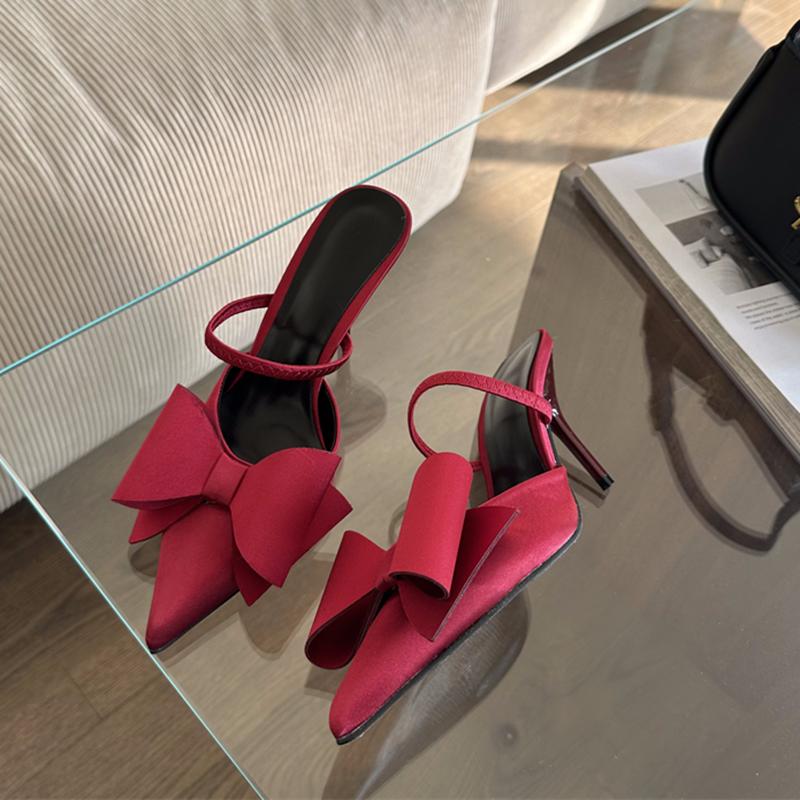 Fashion SUOJIALUN 2025 Summer New Brand Women Slipper Fashion Big Bow-knot Slip On Mules Sandal Shoes Thin High Heel Outdoor Dress Pumps