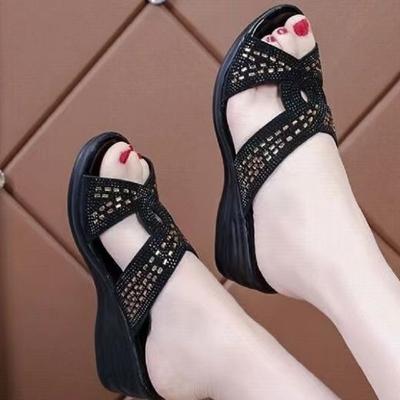 Soft Leather Slippers Women's Summer 2025 New Rhinestone Korean Version Versatile Comfortable Wedge Heel Wear Non-slip Cool Slippers Women