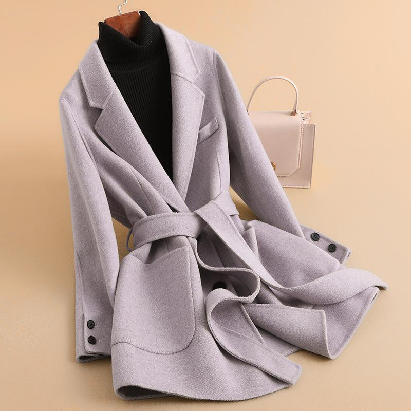 Autumn new wool coat women's fashion double-sided woolen coat lace-up medium and long coat coat