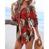 Women's Casual Long-sleeved V-neck Printed Drawstring Short Dress On Both Sides
