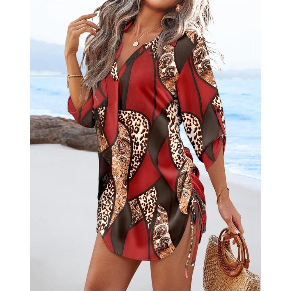Women's Casual Long-sleeved V-neck Printed Drawstring Short Dress On Both Sides