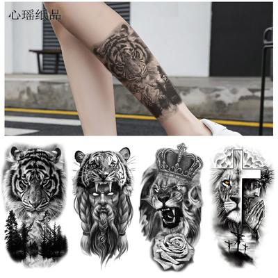 Lejon Tiger Mörk Arm Halvarm Vattenöverföring Simulerings Tatuering Set Tatuering Klistermärke