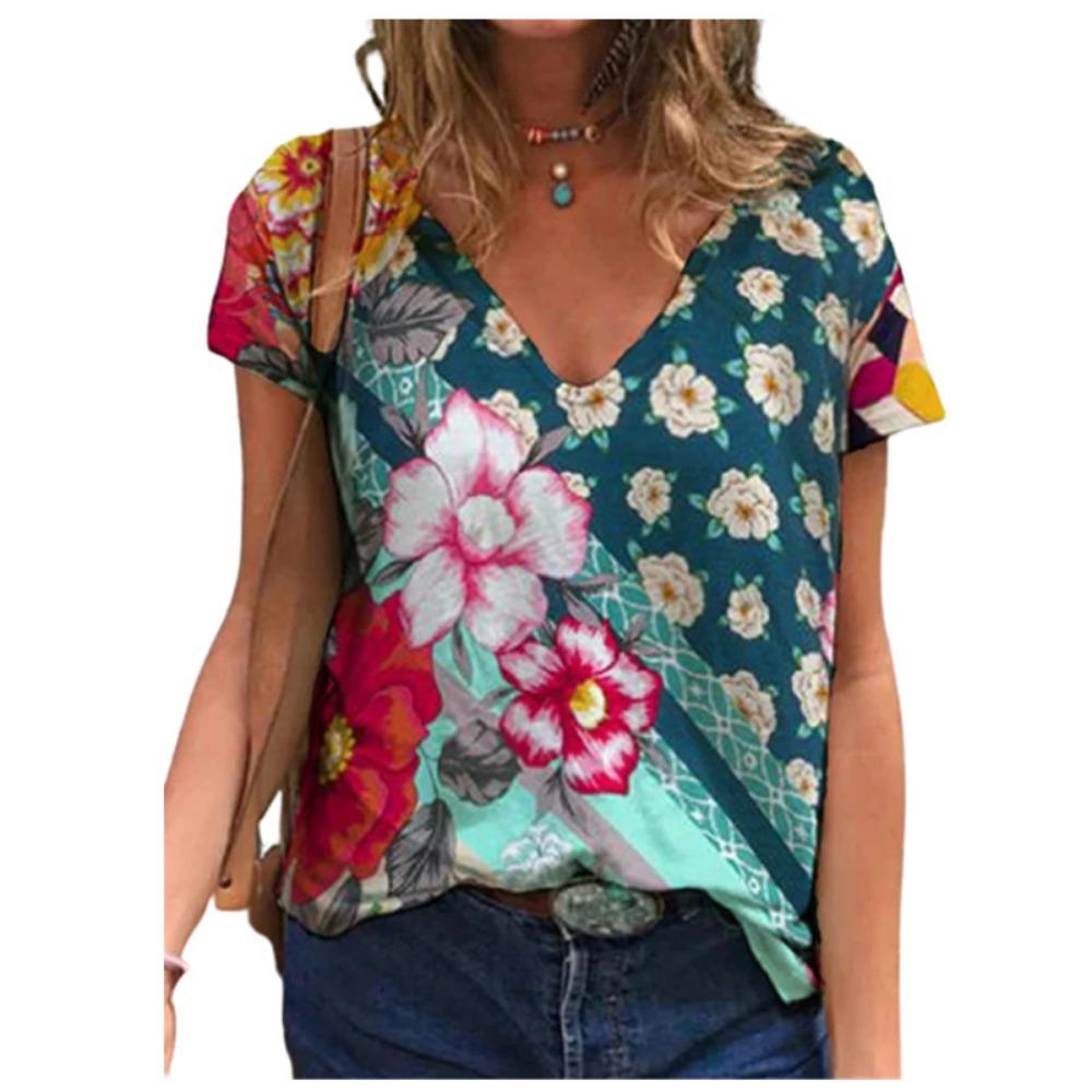 Women's Summer T-shirt Fashion 3d Plant Print Streetwear Women's Casual V-neck Short-sleeved Loose Top T-shirt 2025